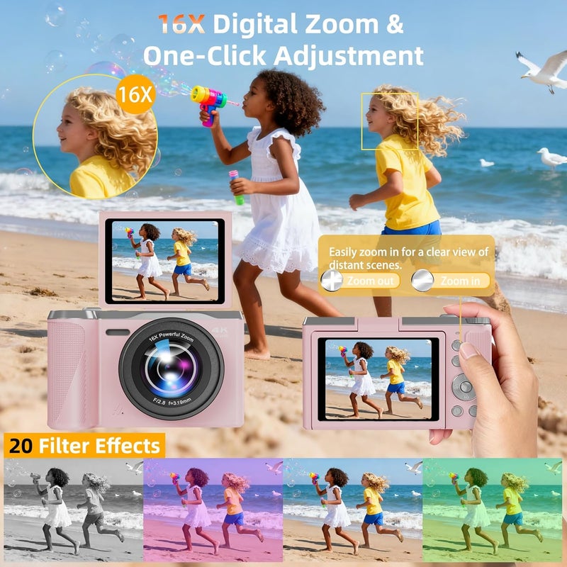 Kasukani 4K Digital Camera for Photography and Video, 56MP Autofocus Vlogging Camera with 3" 180° Flip Screen, 16X Zoom Compact Point and Shoot Camera for YouTube, Travel & Daily Content Creation - Image 4